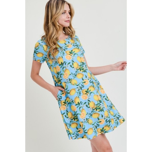 Womens Blue Lemon Print Fit And Flare Summer Dress - Picture 3 of 7